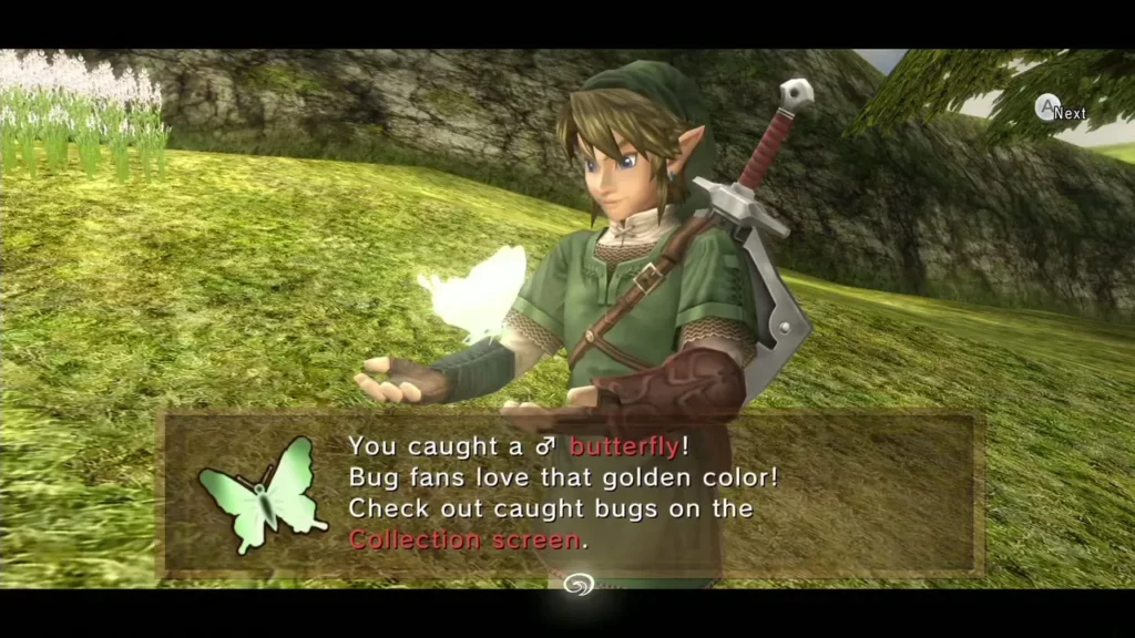 Link holding the golden Male Butterfly with the caught message box shown
