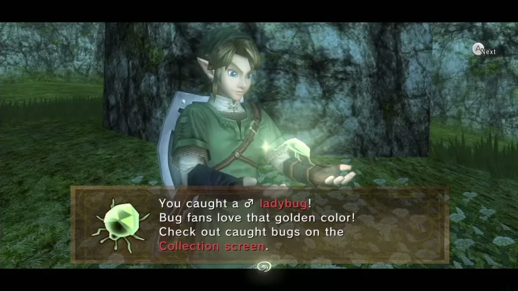 Link holding the golden Male Ladybug with the caught message box shown