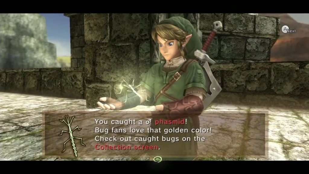 Link holding the golden Male Phasmid with the caught message box shown