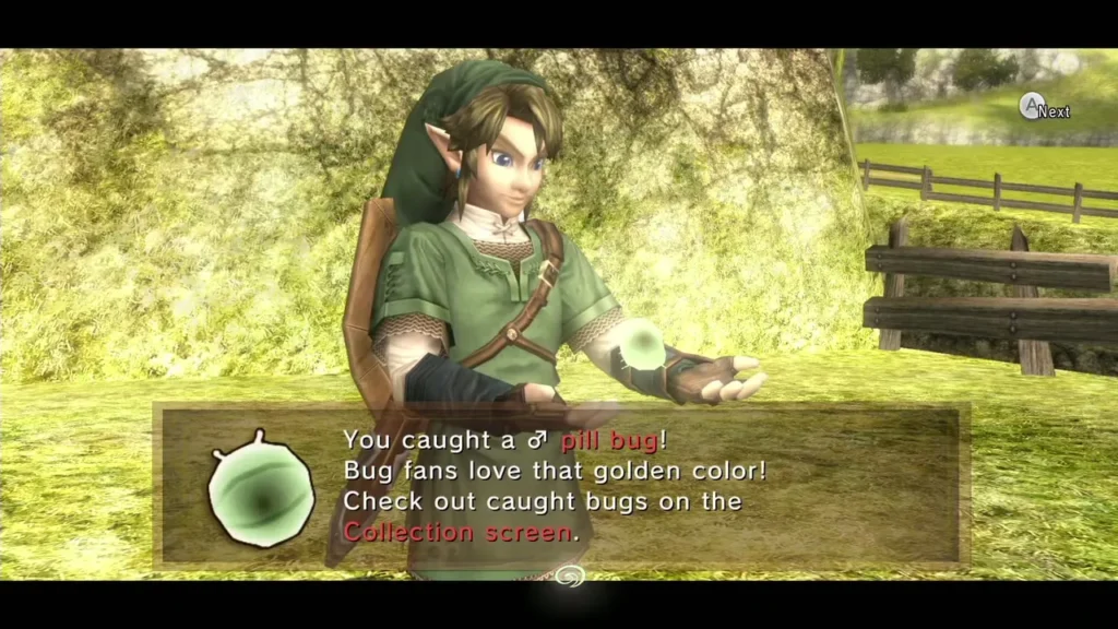 Link holding the golden Male Pill Bug with the caught message box shown