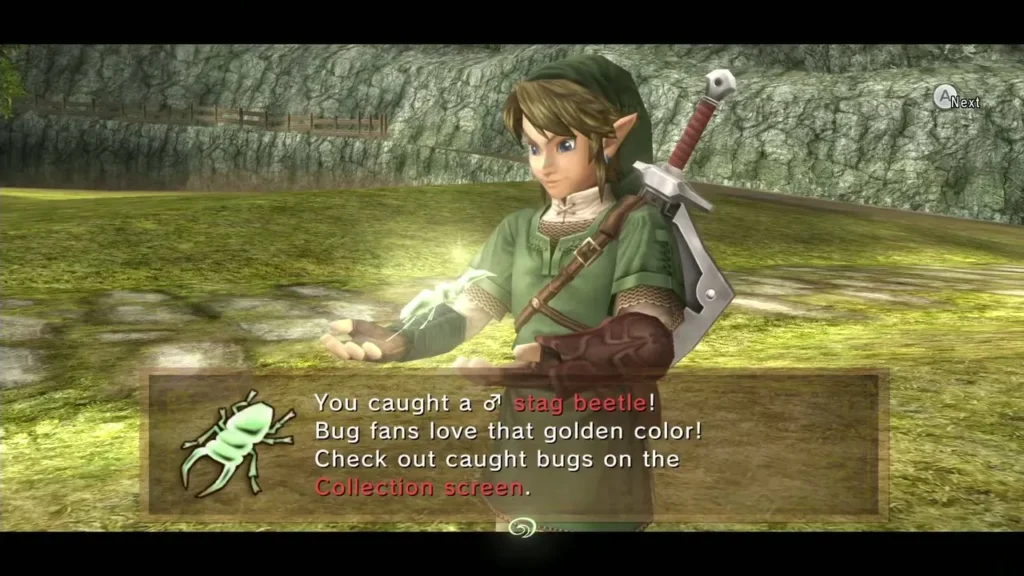 Link holding the golden Male Stag Beetle with the caught message box shown