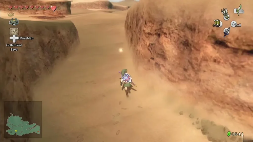 Link running down the middle of a narrow sand trench between tall red rock walls in the Gerudo Desert