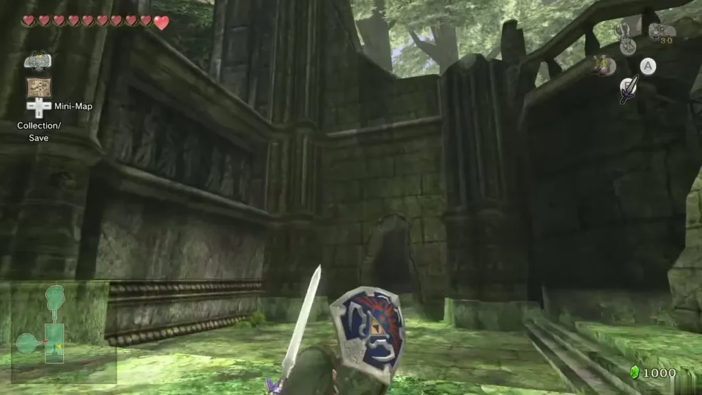Link with his shield raised in a mossy ruined stone area of the Sacred Grove