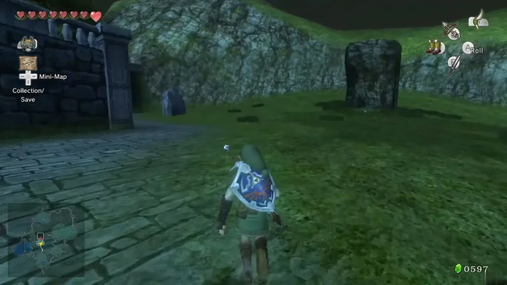 Link walking across the field south of Castle Town toward a stone column