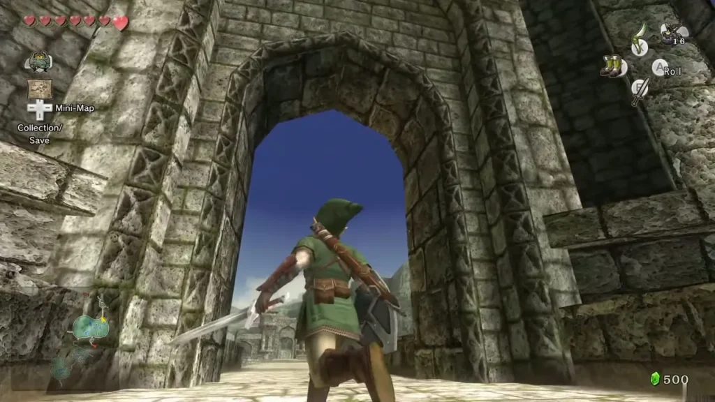 Link walking through the stone gateway arch at the south end of Bridge of Eldin