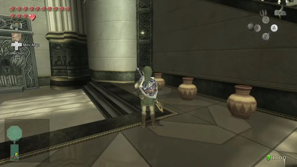Link standing in the Temple of Time entrance area below the stairs, beside clay pots