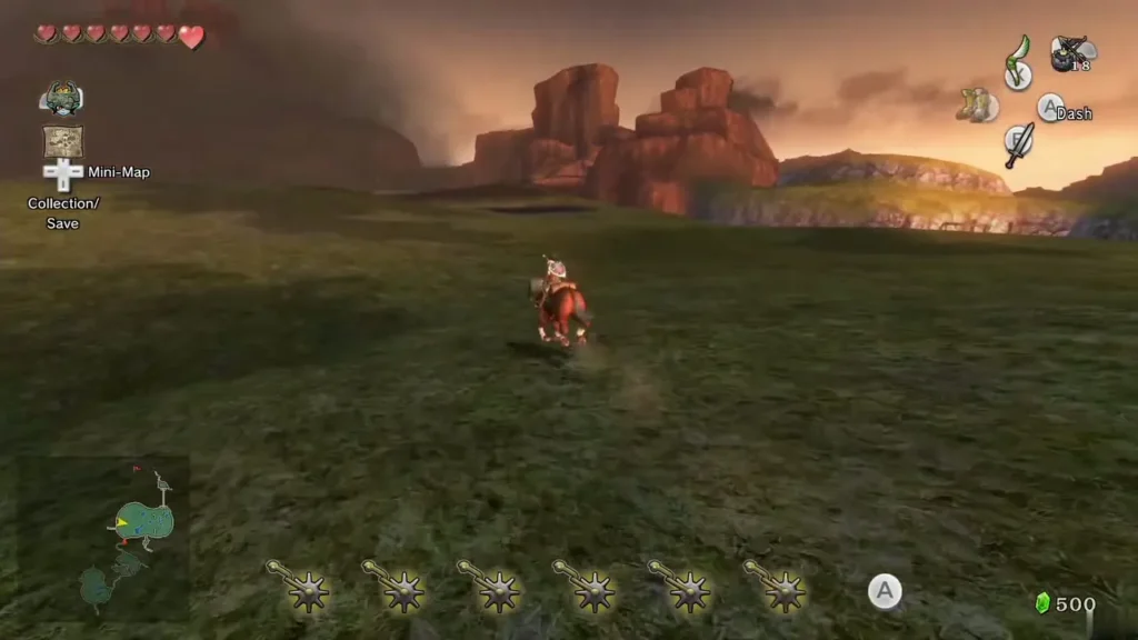 Link riding Epona into the dusky Eldin field of Hyrule Field
