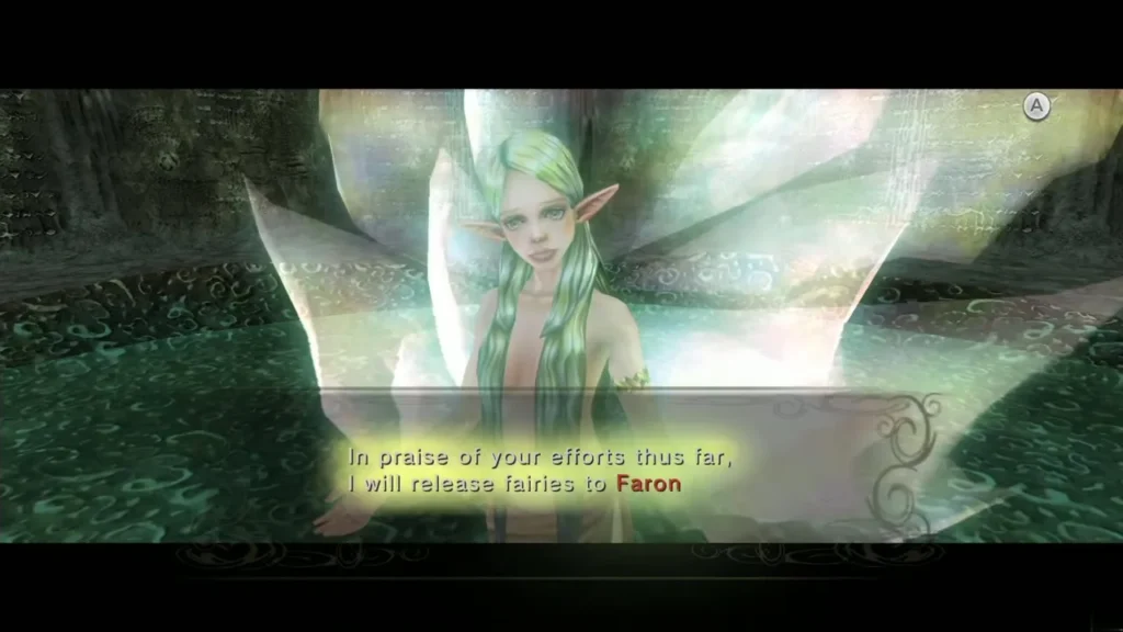 Great Fairy in her spring with a message box saying she will release fairies to Faron Spring Great Fairy in her spring with a message box saying she will release fairies to Faron Spring