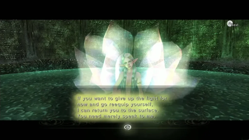 Great Fairy in her pool offering to return Link to the surface, with her full message box Great Fairy in her pool offering to return Link to the surface, with her full message box