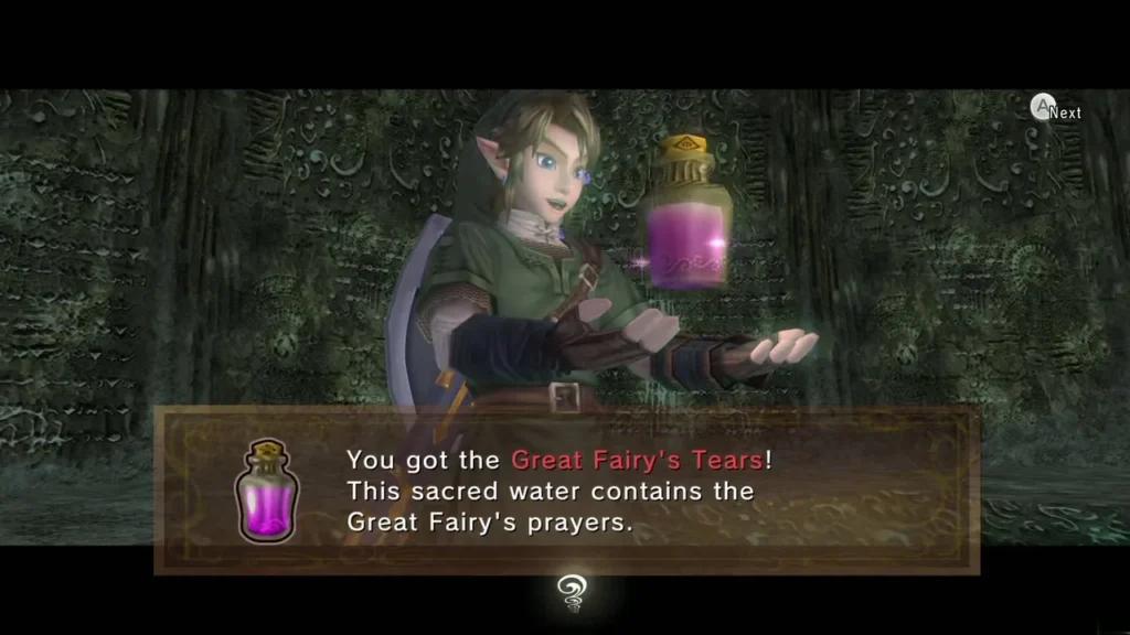 Link holding up the Great Fairy's Tears with a message box saying the sacred water holds her prayers Link holding up the Great Fairy's Tears with a message box saying the sacred water holds her prayers