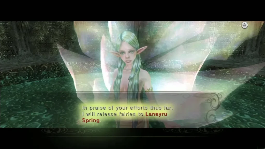 Great Fairy in her pool with a message box saying she will release fairies to Lanayru Spring Great Fairy in her pool with a message box saying she will release fairies to Lanayru Spring