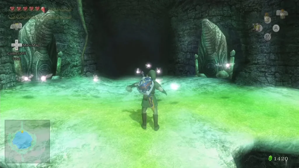 Link standing in a glowing green Spirit Spring with fairies drifting around him Link standing in a glowing green Spirit Spring with fairies drifting around him