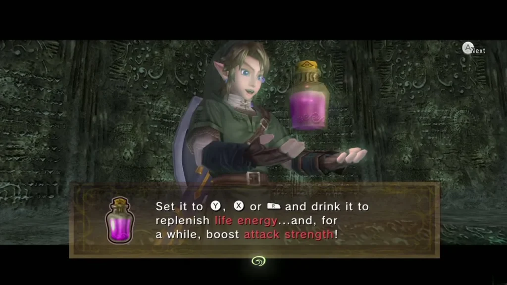 Link holding a bottle of Great Fairy's Tears while the message explains how to drink it Link holding a bottle of Great Fairy's Tears while the message explains how to drink it