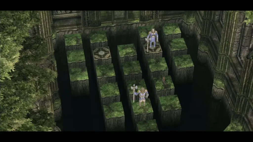 Overhead view of the guardians standing on different platforms mid-puzzle Overhead view of the guardians standing on different platforms mid-puzzle