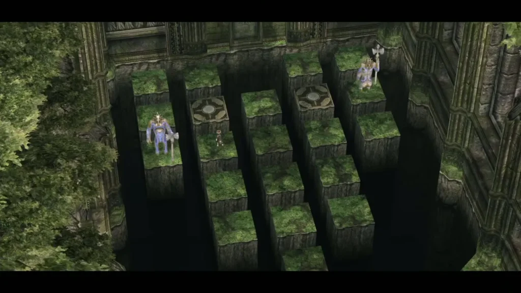 Overhead view of the guardians approaching their pedestals on the grid Overhead view of the guardians approaching their pedestals on the grid