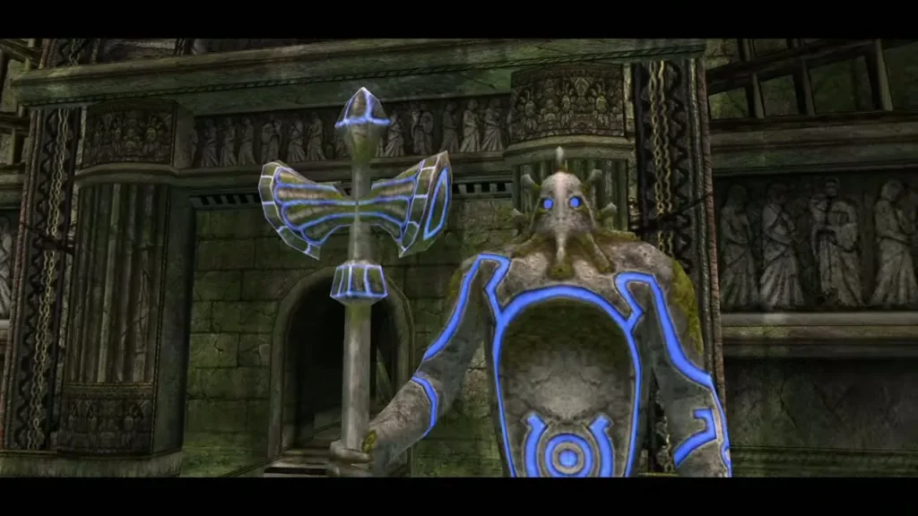A blue-marked guardian statue standing beside the opened passage A blue-marked guardian statue standing beside the opened passage