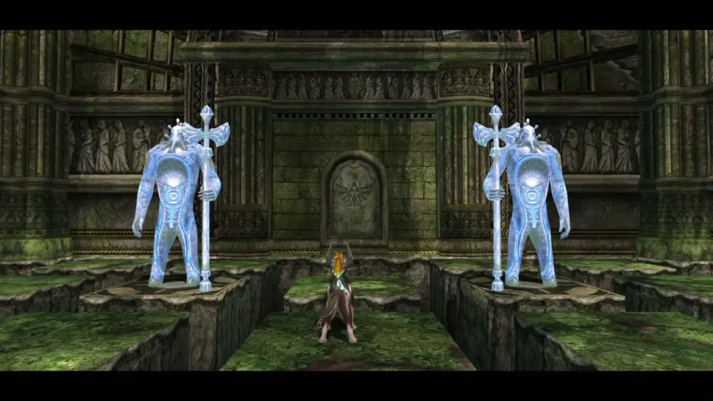 The two restored guardians glowing beside Link before the Sacred Grove gate The two restored guardians glowing beside Link before the Sacred Grove gate
