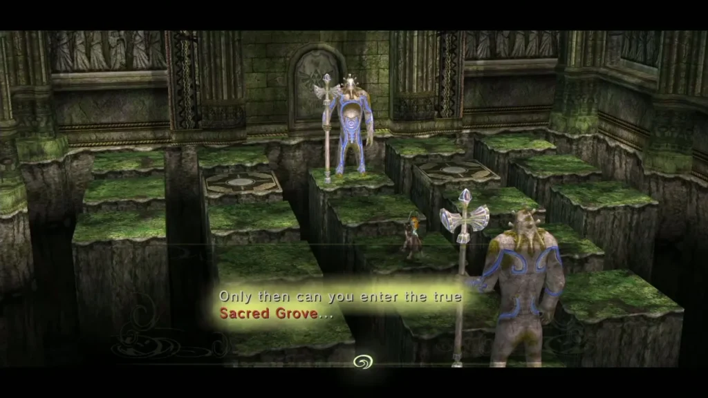 Two stone guardians on the platform grid, one speaking to Link Two stone guardians on the platform grid, one speaking to Link