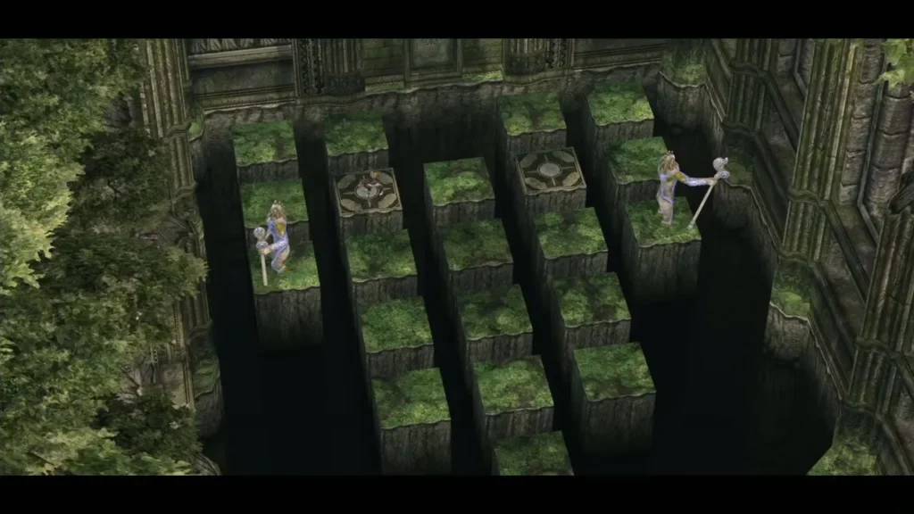 Overhead view of Link and the two guardians mid-jump across the grid Overhead view of Link and the two guardians mid-jump across the grid