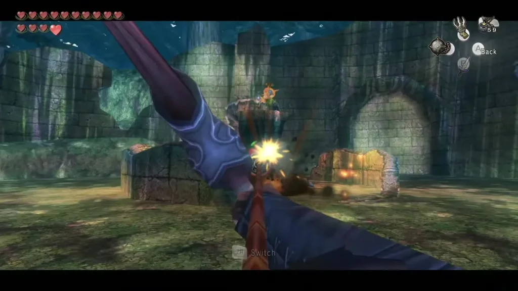 Link firing an arrow at Skull Kid across the mossy ruins Link firing an arrow at Skull Kid across the mossy ruins