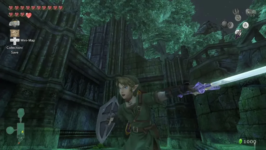 Link holding the Master Sword ready beside the stone pedestal Link holding the Master Sword ready beside the stone pedestal