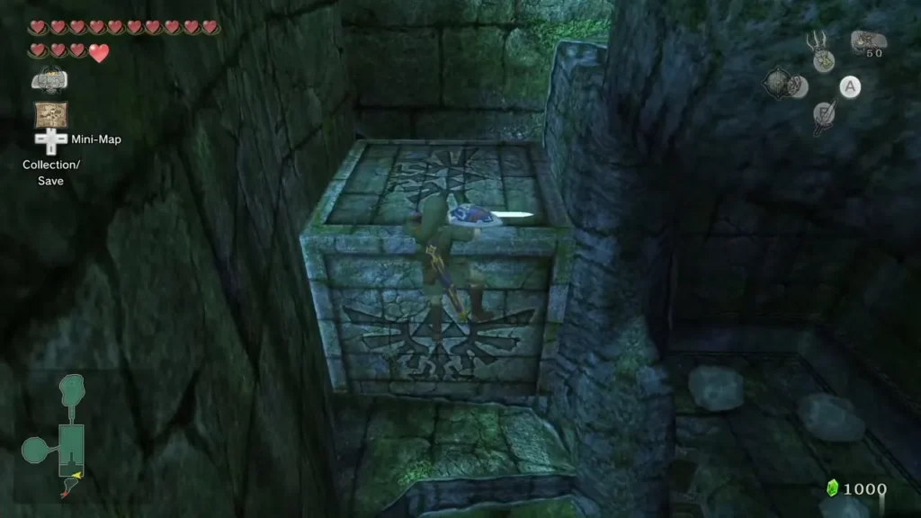 Link on the carved pedestal block with the Master Sword pushed into it Link on the carved pedestal block with the Master Sword pushed into it