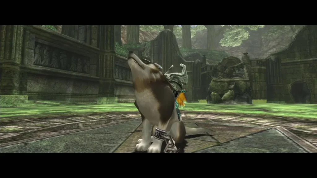 Wolf Link howling on the Triforce symbol in the mossy ruins