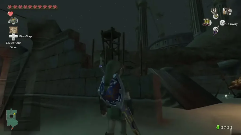 Link approaching the Bullbo roasting on a spit in the corner of the Bulblin camp Link approaching the Bullbo roasting on a spit in the corner of the Bulblin camp