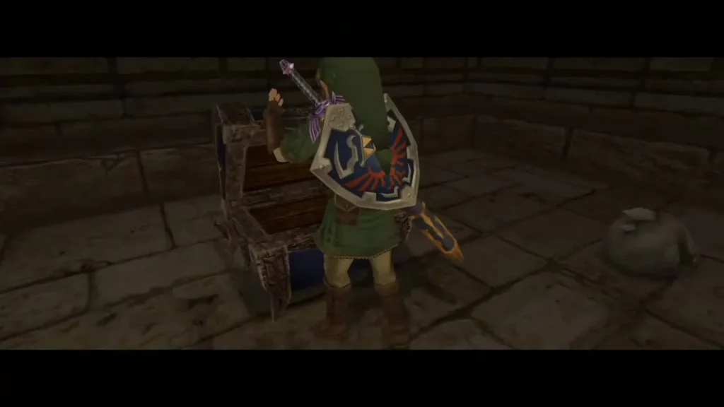 Link at the open chest beside the stone wall in the Arbiter Grounds Link at the open chest beside the stone wall in the Arbiter Grounds