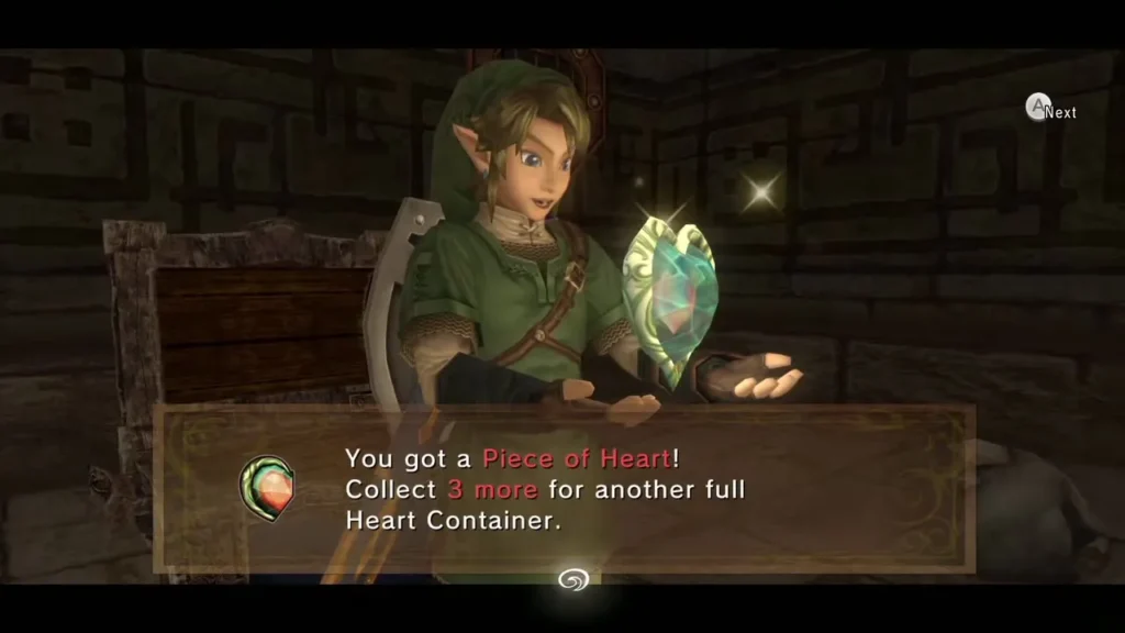 Link holding up the Piece of Heart beside the chest with its message box Link holding up the Piece of Heart beside the chest with its message box