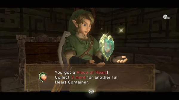 Link holding up the Piece of Heart beside the chest with its message box Link holding up the Piece of Heart beside the chest with its message box