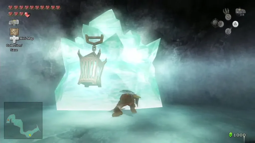 Link swings the Ball and Chain at a frozen block in the Sacred Grove cave Link swings the Ball and Chain at a frozen block in the Sacred Grove cave