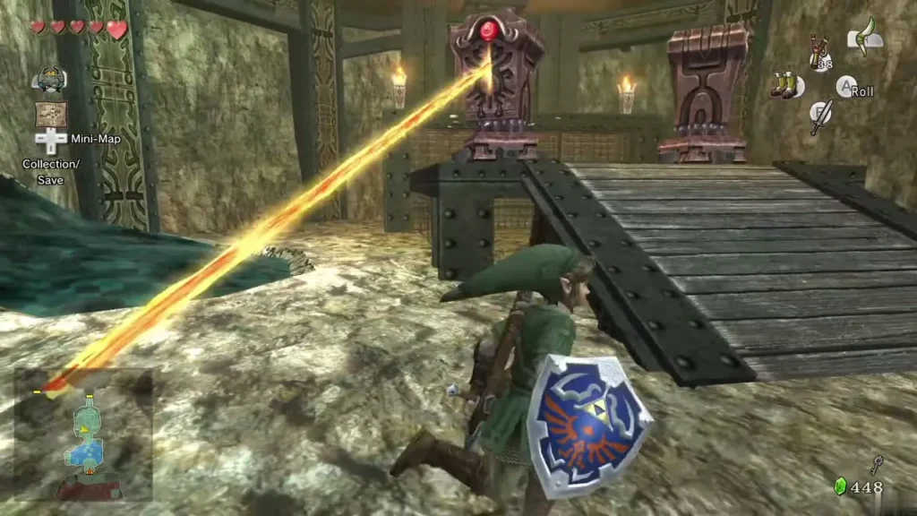 Beamos statue firing its orange beam across the room while Link stands by the bridge Beamos statue firing its orange beam across the room while Link stands by the bridge