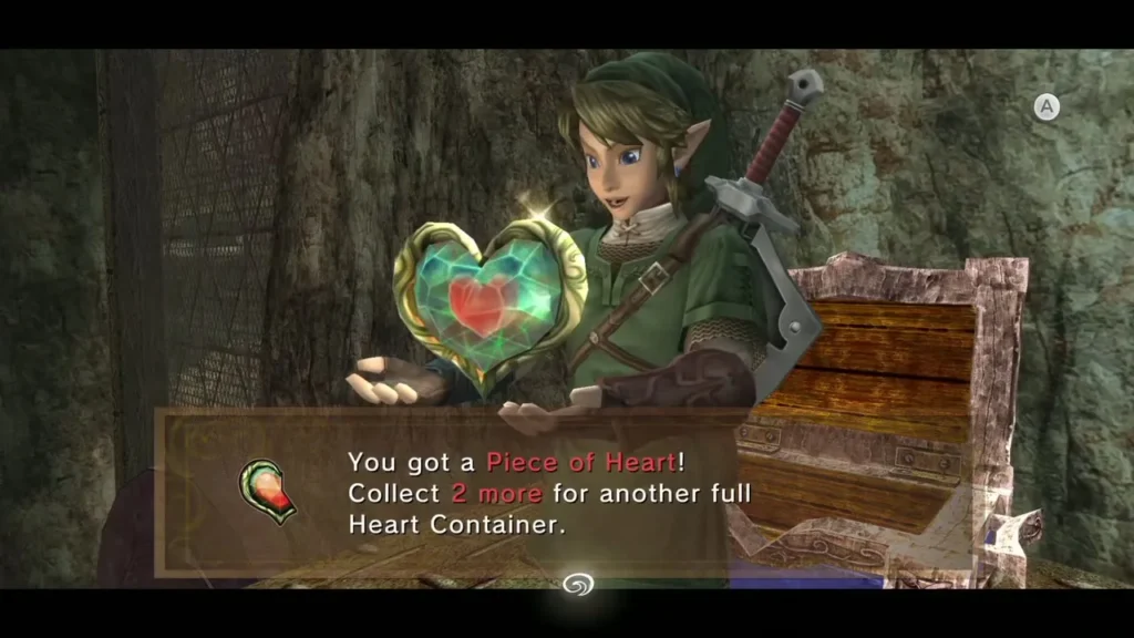 Link holding up the Piece of Heart beside the chest with its message box Link holding up the Piece of Heart beside the chest with its message box