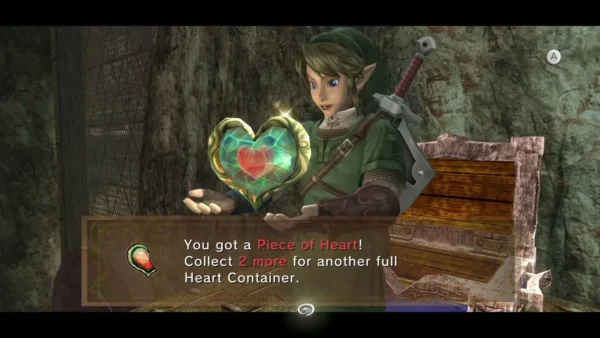 Link holding up the Piece of Heart beside the chest with its message box Link holding up the Piece of Heart beside the chest with its message box