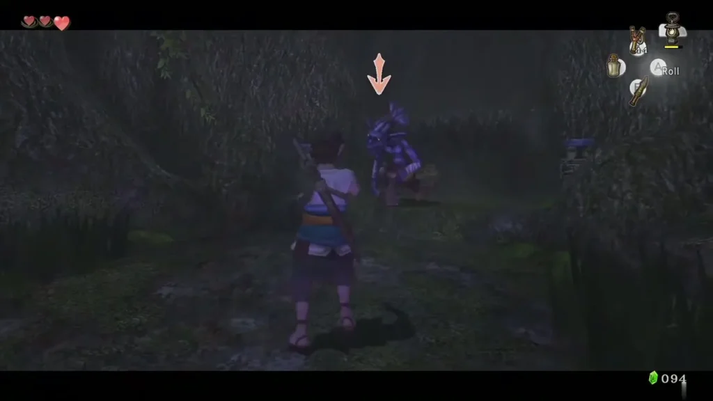 Link facing a Bokoblin in the dark Faron Woods cave Link facing a Bokoblin in the dark Faron Woods cave