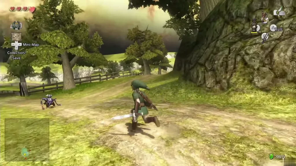 Link on the dirt road in Hyrule Field with a Bokoblin ahead Link on the dirt road in Hyrule Field with a Bokoblin ahead