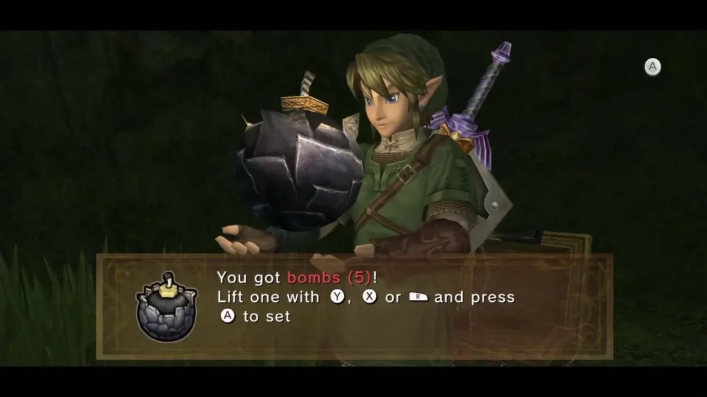 Link holds up the bombs from the grotto chest with its message box Link holds up the bombs from the grotto chest with its message box