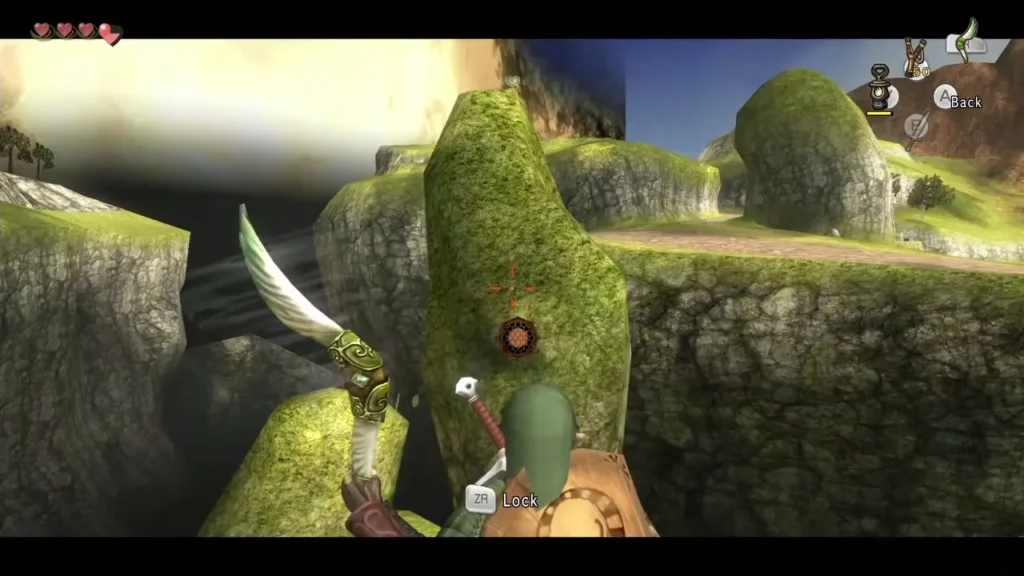 Link aims the Gale Boomerang at the target on the rock formation Link aims the Gale Boomerang at the target on the rock formation