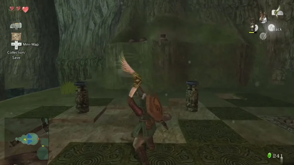 Link raises the Gale Boomerang in the Forest Temple torch room Link raises the Gale Boomerang in the Forest Temple torch room