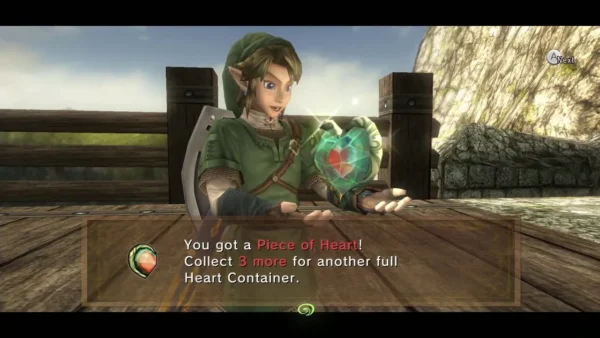 Link holding up the Piece of Heart on the bridge with its message box Link holding up the Piece of Heart on the bridge with its message box