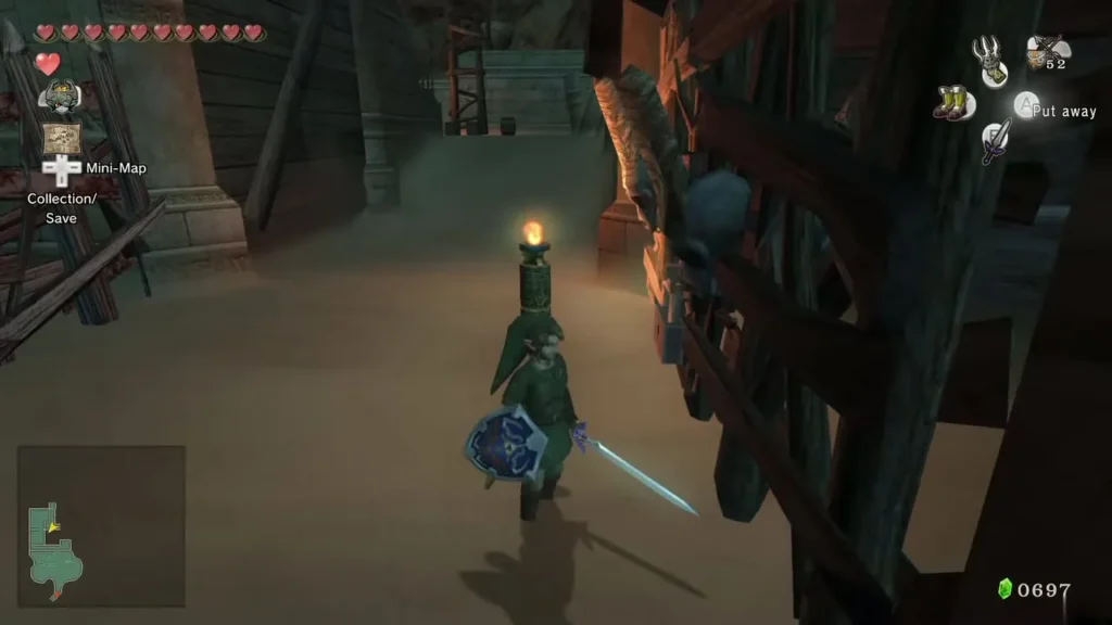 Link walking along a torch-lit path through the Bulblin camp Link walking along a torch-lit path through the Bulblin camp