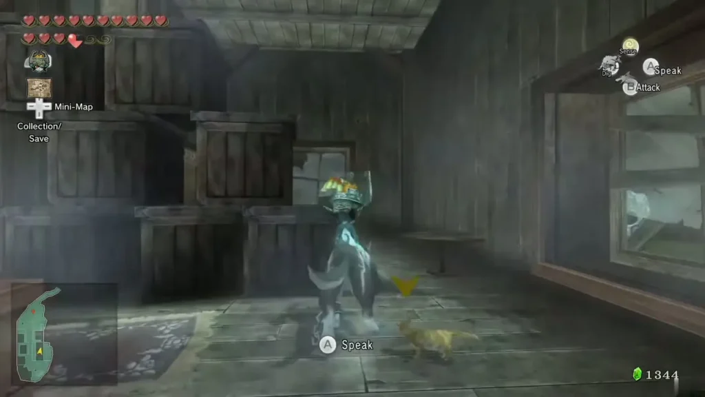 Wolf Link and Midna in a wooden house with a cat on the floor Wolf Link and Midna in a wooden house with a cat on the floor