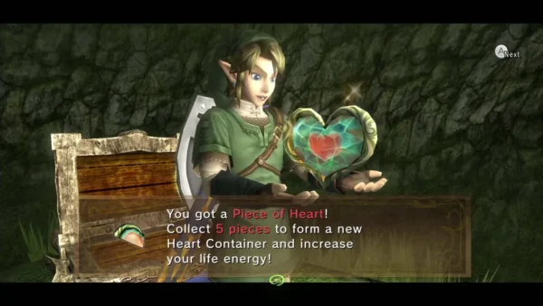 Link holding up the Piece of Heart beside the chest with its message box Link holding up the Piece of Heart beside the chest with its message box