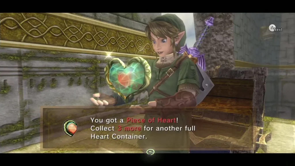 Link holding up the Piece of Heart with its message box Link holding up the Piece of Heart with its message box