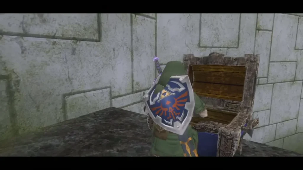 Link beside the open chest in the stone chamber of the City in the Sky Link beside the open chest in the stone chamber of the City in the Sky