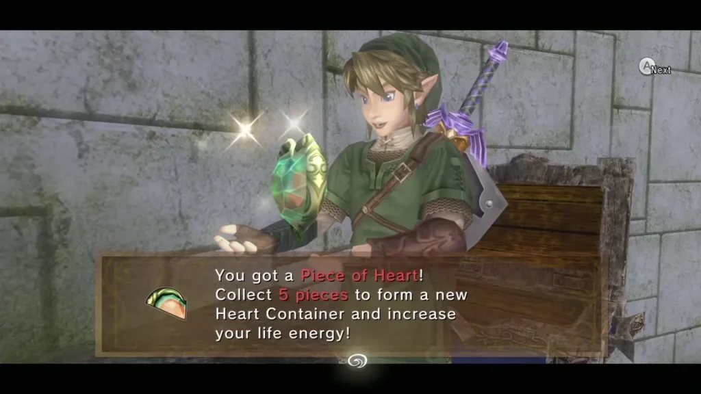 Link holding up the Piece of Heart beside the chest with its message box Link holding up the Piece of Heart beside the chest with its message box