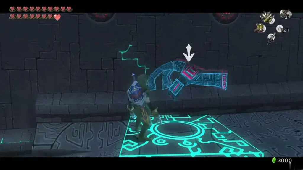 Link aiming the Clawshot at a target above the glowing platform Link aiming the Clawshot at a target above the glowing platform