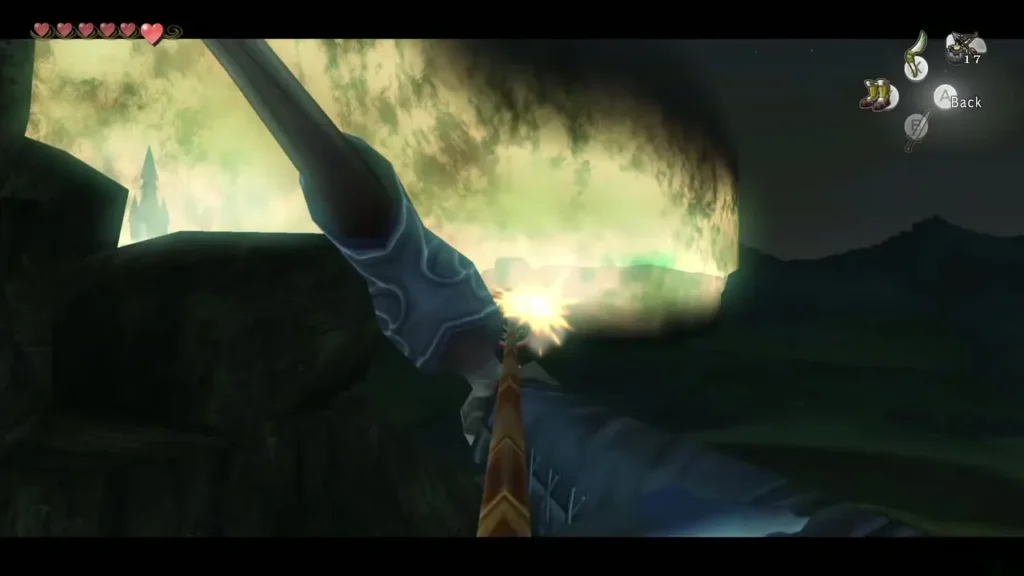 Link drawing the Hero's Bow to fire a bomb arrow at the boulder above the vines Link drawing the Hero's Bow to fire a bomb arrow at the boulder above the vines