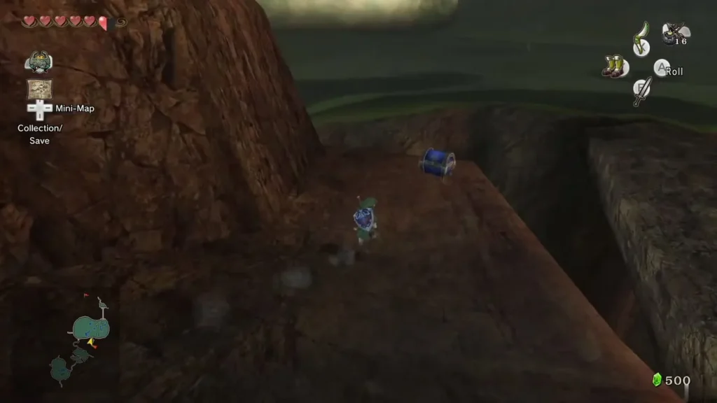 Link on a red-rock ledge looking down at a blue chest on the cliff Link on a red-rock ledge looking down at a blue chest on the cliff